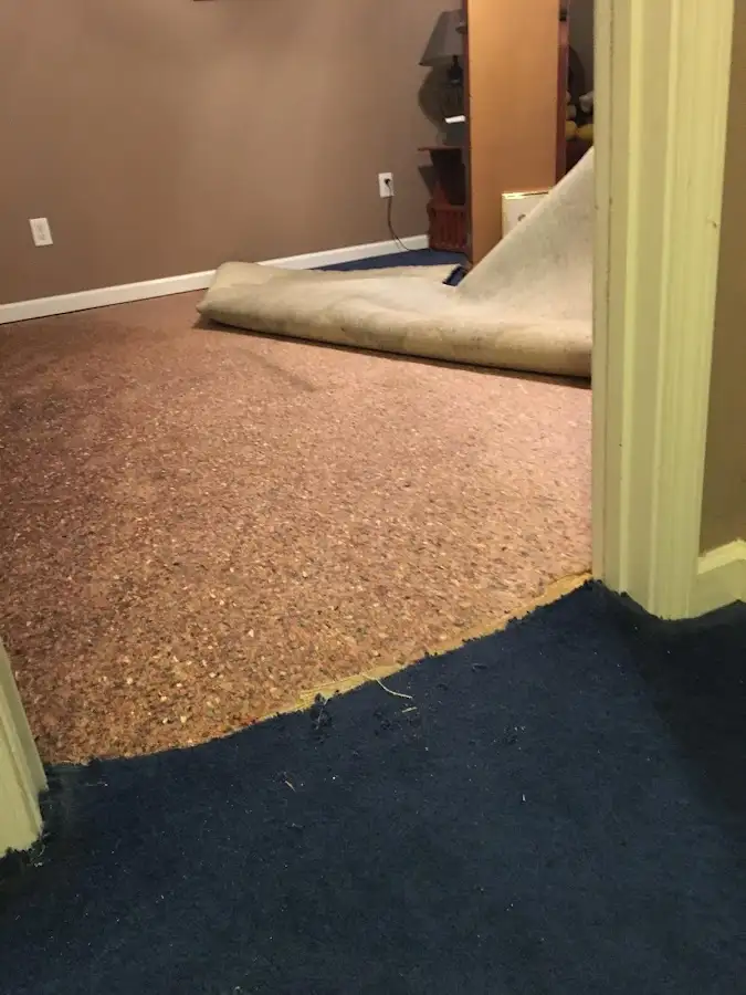 Carpet pad removal revealing water damage during Water Mitigation Services in Daly City